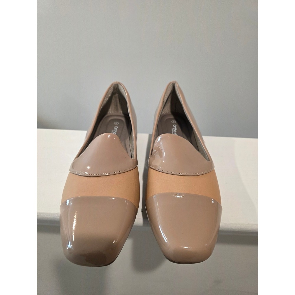 Womens sz 8 NWOT Ortho+Rest Tan Beige Patent Square Toe Loafers Gold Heel Accent - Picture 8 of 11